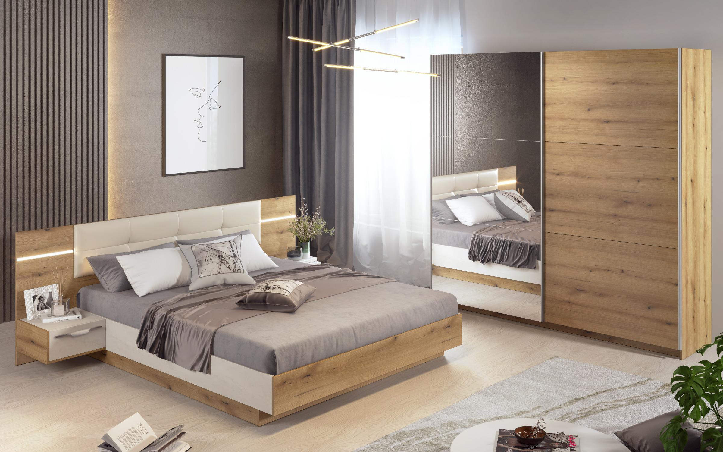 Set dormitor 160/200 + LED Alinor + saltea, stejar evoc + Silk  2