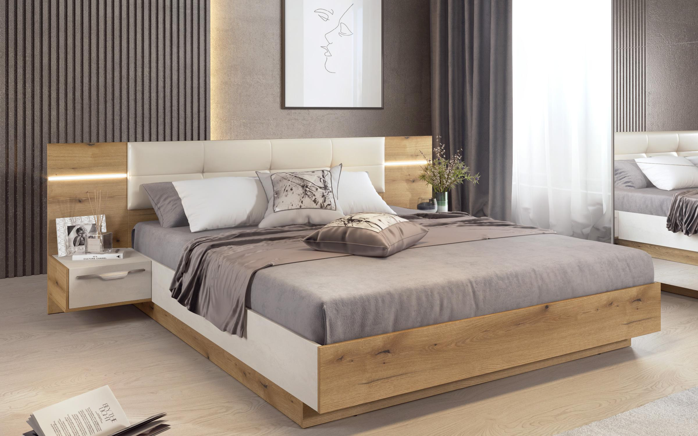 Set dormitor 160/200 + LED Alinor + saltea, stejar evoc + Silk  4