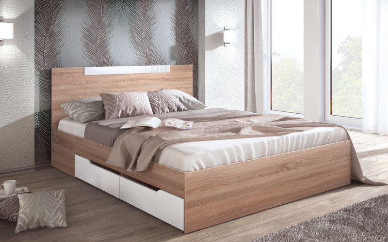 Pat dublu 160/200 Katerina, stejar sonoma + alb lucios  1