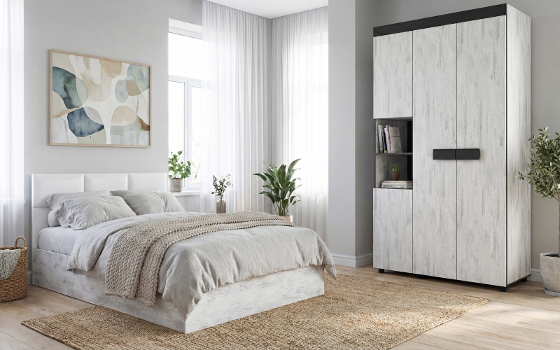 Спальный гарнитур под матрас 140/200 Эстель 1, дуб античный + белая кожа  1