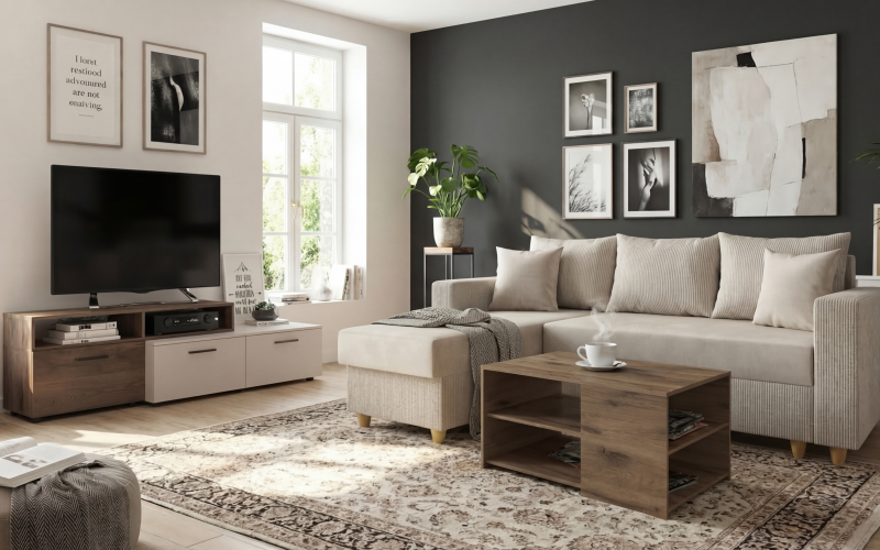 Set living Fini, bej deschis + stejar scandinav inchis + nisipiu mat  1