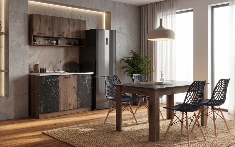 Set de bucatarie Cacao S, negru lucios + stejar evoc + piele wenge  1