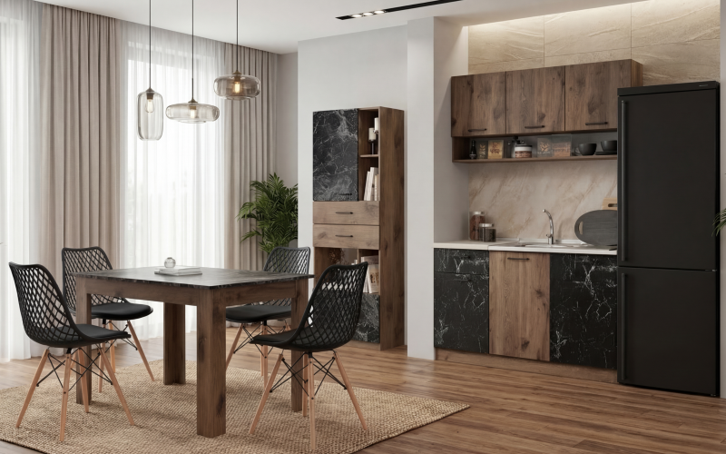 Комплект для кухни Какао, темный скандинавский дуб + мрамор Тунис  1