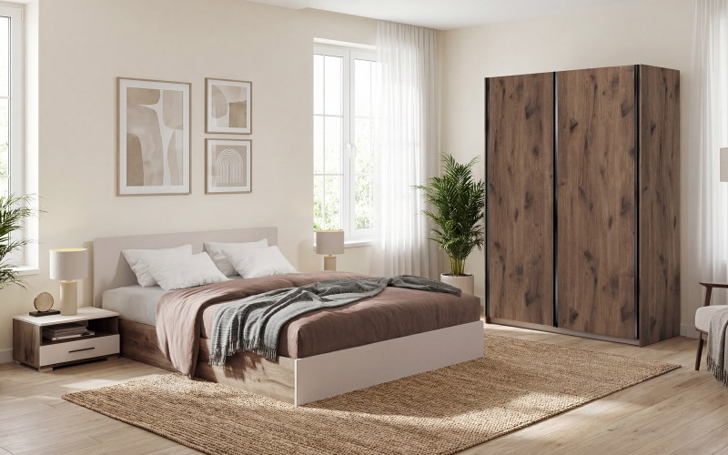 Set pentru dormitor + saltea Astoria, bej deschis + stejar scandinav inchis + nisipiu mat  1