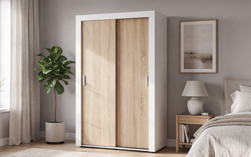 Dulap cu bara pentru umerase si rafturi Nemo 2, alb + stejar sonoma  1