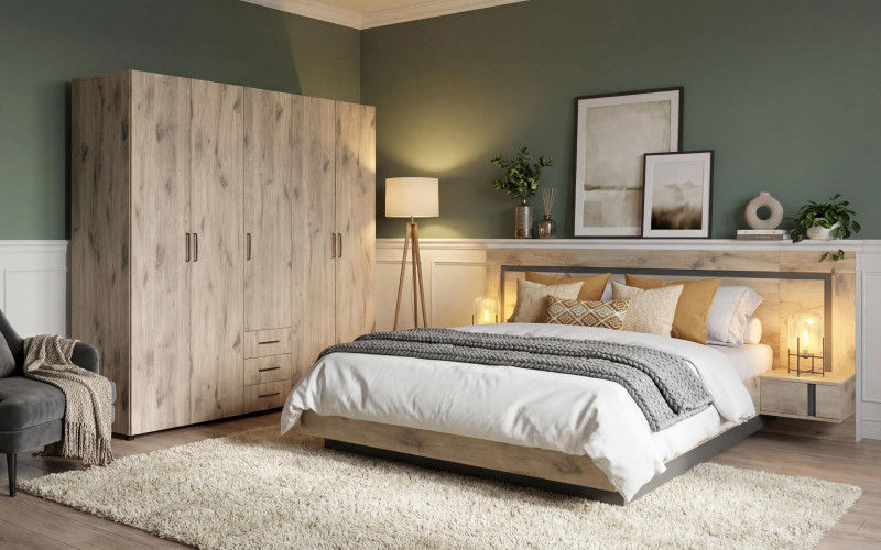 Спальный гарнитур под матрас 160/200 Этна, светлый скандинавский дуб + антрацит матовый  1